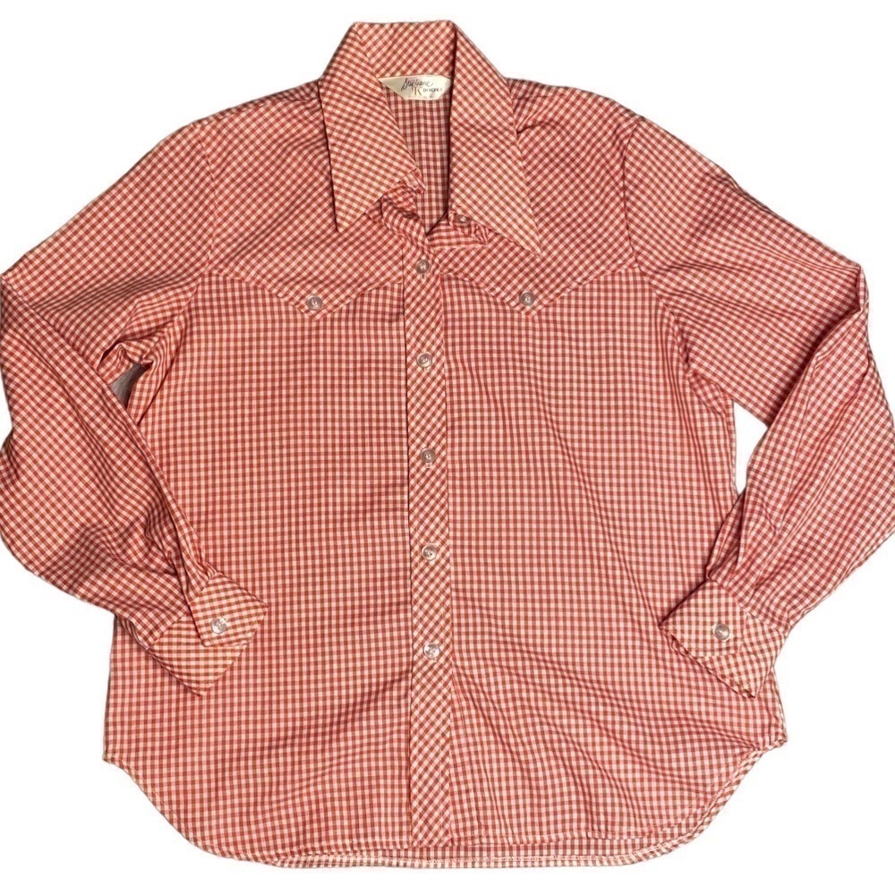Vintage 70s Western Prairie Button Down Red White Checkerboard Gingham Plaid Top